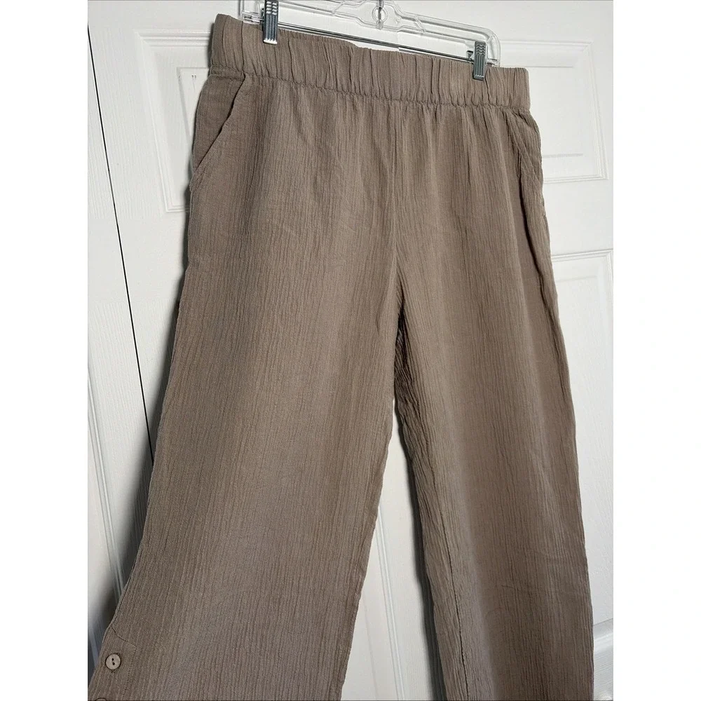 Soft Surroundings Wide Leg Pants Womens Size L Tan Gauze Button Hem Coastal
